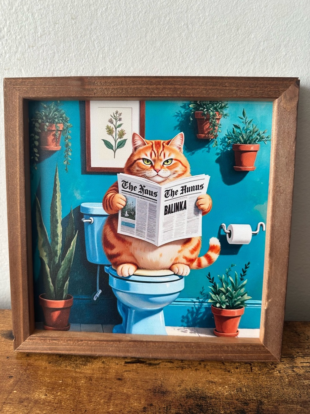 Framed Orange Cat Reading Newspaper Wooden Wall Art Decor Blue Background NWT